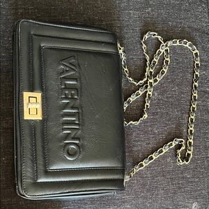 Valentino Black Leather Embossed Chain Shoulder Bag with Gold-Tone Hardware